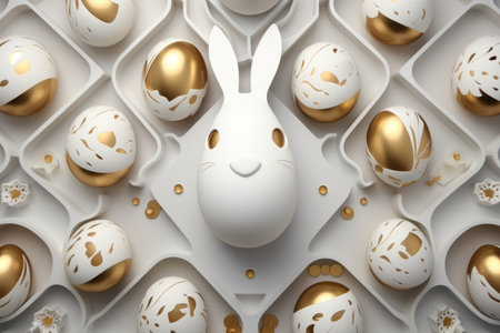 White Easter eggs with a golden pattern with rabbits. Trend. The concept of a happy Easter.の素材
