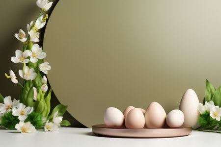Easter scene with eggs and flowers for advertising. A podium for display products. Happy Easter.の素材