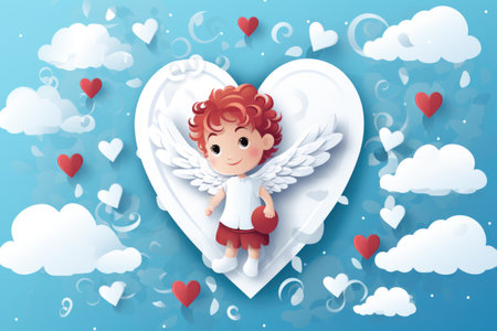 A cupid boy with wings on the background of a heart and clouds. The concept for Valentines Day.の素材