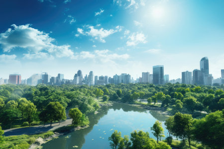 City panorama with skyscrapers, green trees and lake. skyline with green trees and pondの素材
