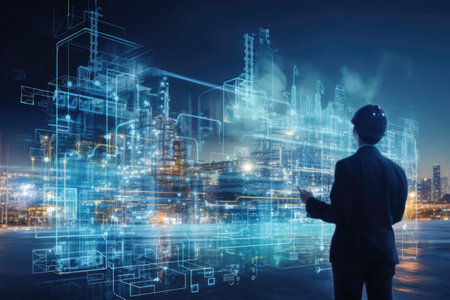 A worker stands in front of a glowing projection of the factory. The plant of the future. Double exposure.の素材