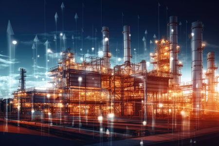 Double exposure of oil refinery at night. Energy and industry concept.の素材