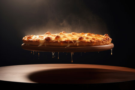 Delicious pizza with stretching cheese on a black background with fire and smoke.の素材