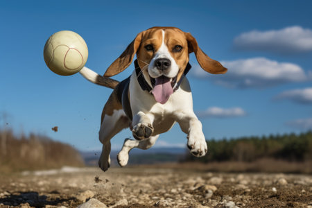 A beagle dog is jumping after a ball. A beagle dog is jumping after a ball. Tongue sticking out.の素材