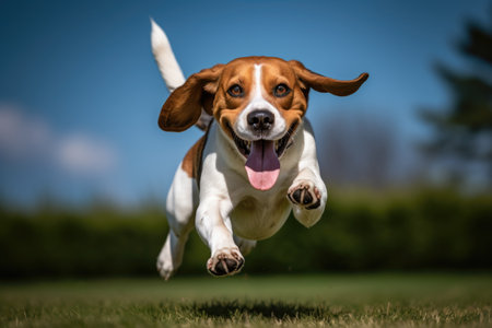A beagle dog is jumping after a ball. A beagle dog is jumping after a ball. Tongue sticking out.の素材