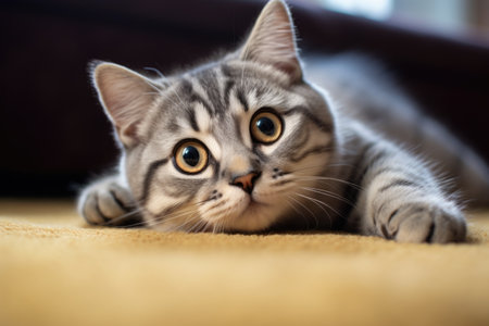 The cat is hunting. Large pupils in the eyes of a kitten.の素材