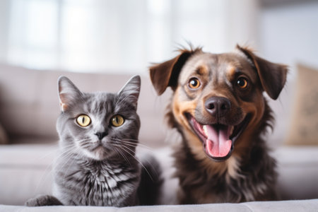 The cat and the dog are looking at the camera. A kitten and a puppy are lying side by side. Friends.の素材