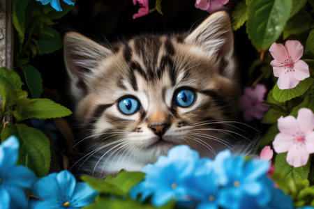 Striped gray kitten in blue flowersの素材