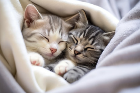 Two striped kittens are lying and sleeping in an embraceの素材