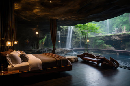 Wooden bed in the cave with a view of the waterfall. Interior of a hotel room with a beautiful view of the jungleの素材