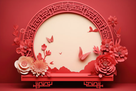 Paper flowers and a round podium on a red background for the presentation of products. Scene. Mockup for Chinese New Year.の素材
