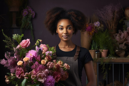 A black female florist in the workplace smiles with flowers.の素材
