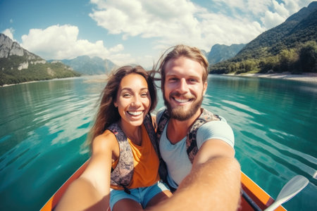 A young couple takes a selfie on a boat in the middle of the lake.の素材