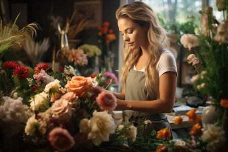 A florist girl in the workplace. A woman creates bouquets of flowers behind the counter in a flower shop.の素材