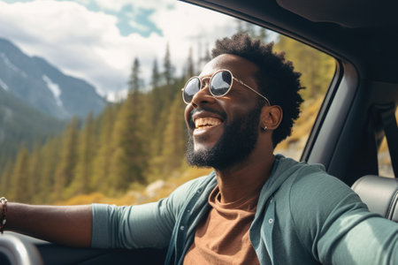 A black man travels in a car and enjoys the beautiful views of mountains and waterfalls.の素材