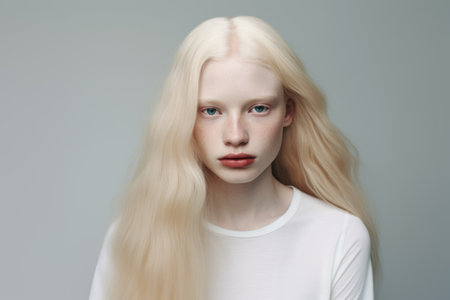 The albino girl. A woman with white hair, eyebrows, blue eyes and freckles.の素材