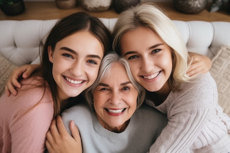 An elderly woman is sitting in an embrace with her granddaughters.の素材