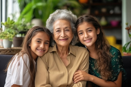 An elderly woman is sitting in an embrace with her granddaughters.の素材