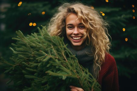 The girl chose and bought a Christmas tree in the nursery for the New Year.の素材
