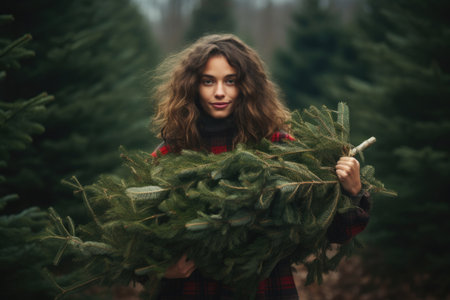 The girl chose and bought a Christmas tree in the nursery for the New Year.の素材