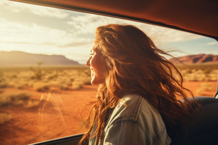 A woman rides in a car and enjoys the views of the desert. Auto travel. Car trip.の素材