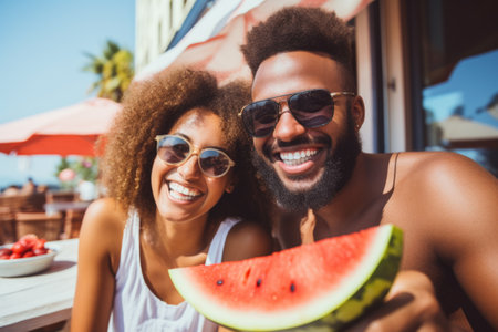 A young black couple eats watermelon in a tourist town on vacation.の素材