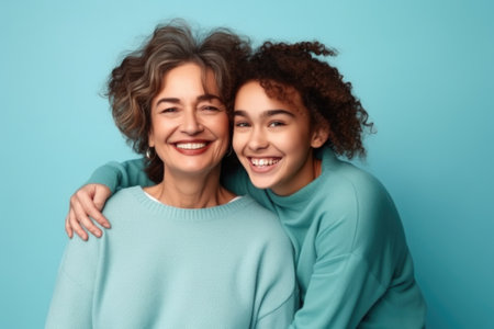An elderly woman and a young girl. Mom and daughter are smiling.の素材