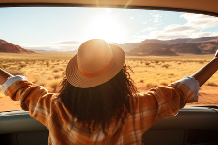 A black woman rides in a car and enjoys the views of the desert. Auto travel. Car trip.の素材
