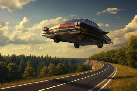 A flying fantastic car over the road.の素材