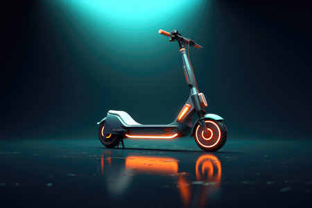 Electric scooter with orange backlight on a blue background.の素材