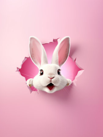 The surprised rabbit looks through a hole in the wall. The concept of a happy Easter.の素材