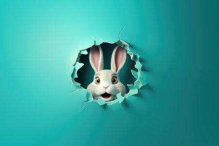 The surprised rabbit looks through a hole in the wall. The concept of a happy Easter.の素材