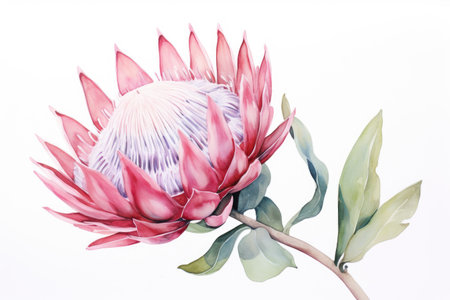 Protea flower painted in watercolor on a white background.の素材