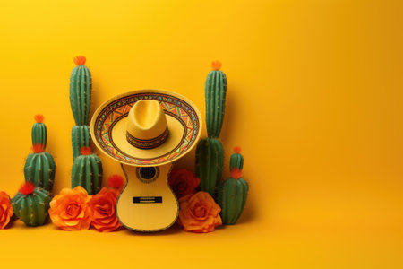 Cinco de Mayo. Sombrero, guitar and cactus on a yellow background.の素材