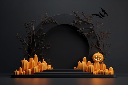 Black podium with an arch for the presentation of products for Halloween. Pumpkins, bats, spiders. The concept for Halloween. Black background.の素材