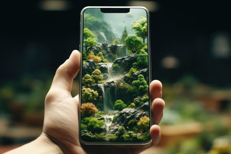 Smartphone in hand with a blurred background of a waterfall and plants. Virtual reality.の素材