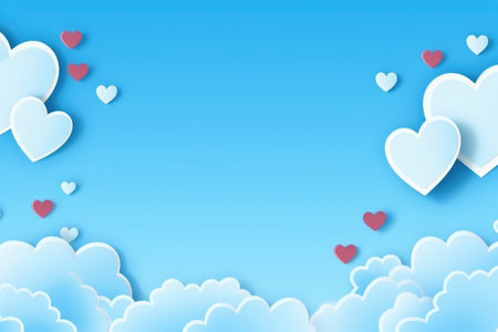 Paper hearts with clouds on a blue background. Valentines day.の素材