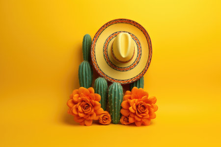 Cinco de Mayo. Sombrero and cactus on a yellow background.の素材