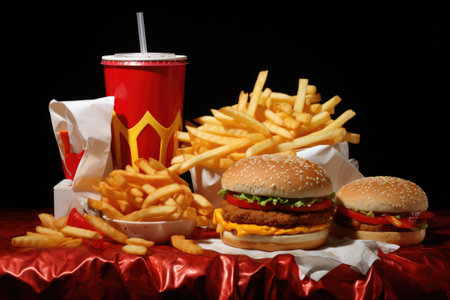 Fast food. Hamburgers, cheeseburgers French fries sodaの素材