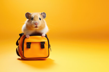A schoolboy hamster with a backpack on a yellow orange background.の素材