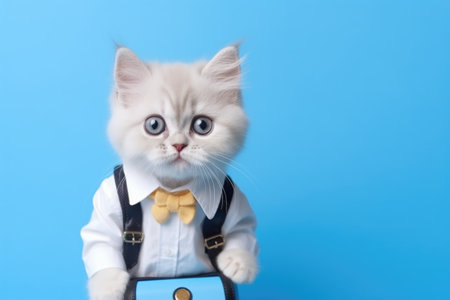 A schoolboy kitten in a shirt on a blue background.の素材