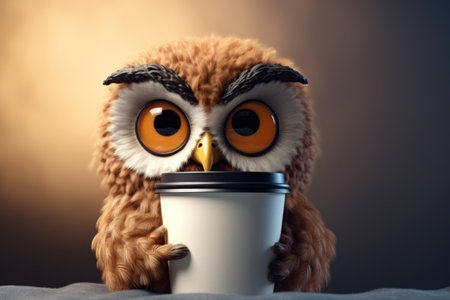 An owl with big eyes and a glass of coffee.の素材