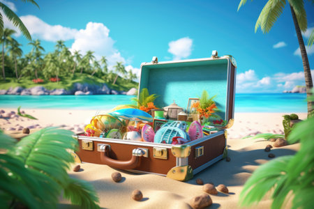 Open suitcase with various items on a tropical beach.の素材