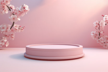 A podium, a pedestal, a stage for advertising cosmetic products. Spring pink catwalk, sakura flowers, petals.の素材