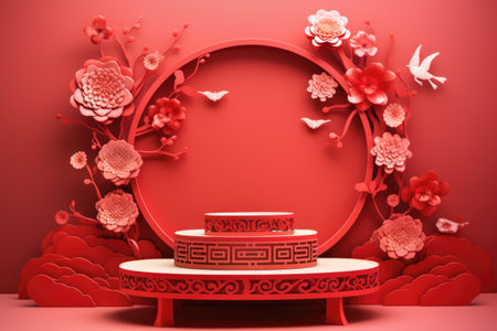 Paper flowers and a round podium on a red background for the presentation of products. Scene. Mockup for Chinese New Year.の素材