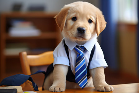 A puppy is a student or teacher in a shirt and tie in the classroom.の素材