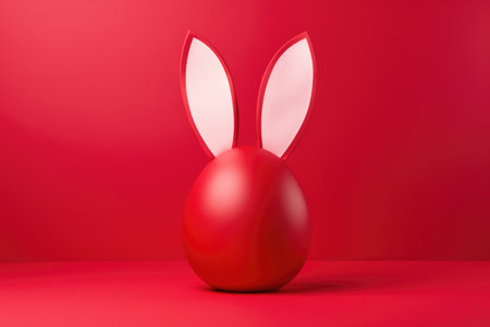 Red egg with paper ears and a bow on a red background. Happy Easter.の素材