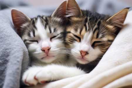 Two striped kittens are lying and sleeping in an embraceの素材