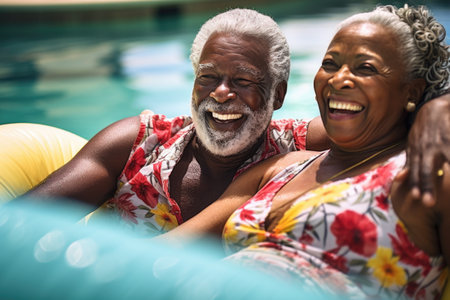 An elderly black couple of African Americans are swimming in the pool and enjoying their vacation.の素材