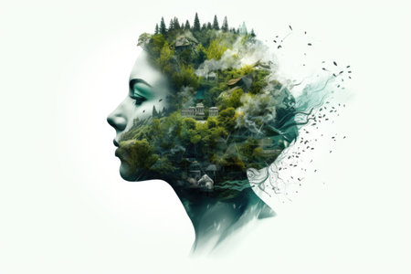 Double exposure of a girl's face in profile and forests with mountains and lakes. Ecology.の素材